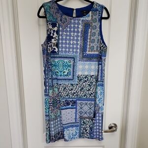 L R&K Blue Patchwork Print Sleeveless Shift Dress